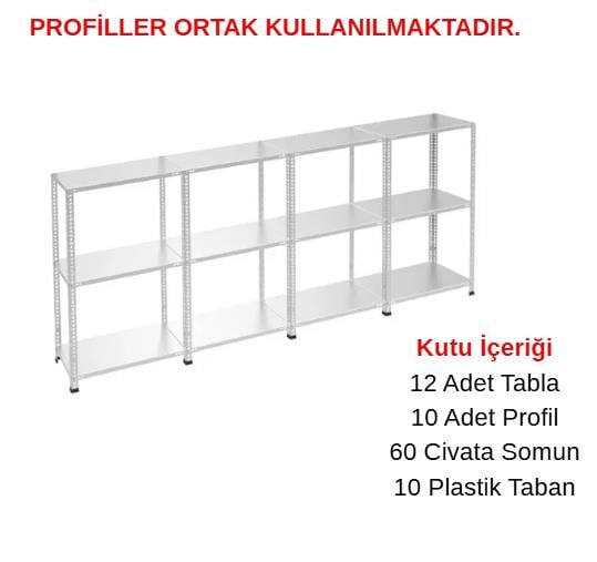 3 Katlı 4'lü Galvaniz Çelik Raf - Depo, Arşiv, Kiler, Dosya, Market Rafı