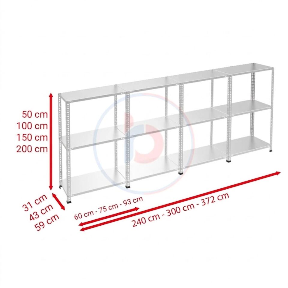 3 Katlı 4'lü Galvaniz Çelik Raf - Depo, Arşiv, Kiler, Dosya, Market Rafı