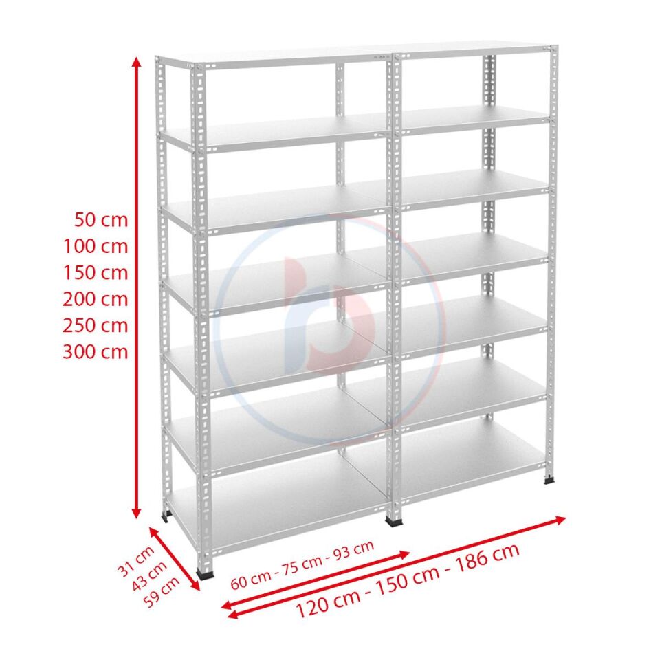 7 Katlı Duble Galvaniz Çelik Raf - Depo, Arşiv, Kiler, Dosya, Market Rafı