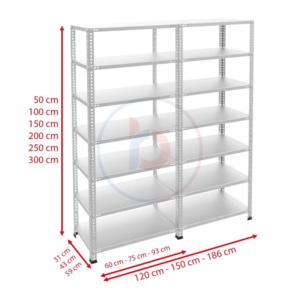 7 Katlı Duble Galvaniz Çelik Raf - Depo, Arşiv, Kiler, Dosya, Market Rafı