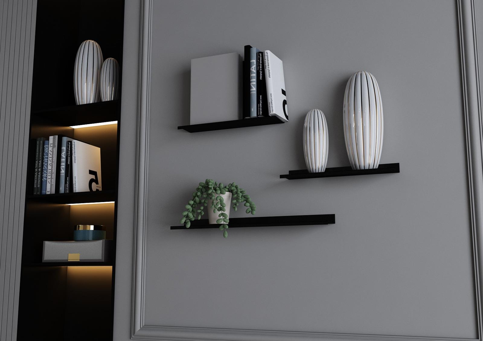 3'lü Siyah Dekoratif Metal Duvar Rafı - Kitaplık, Çok Amaçlı Raf