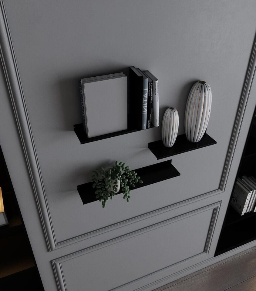 3'lü Siyah Dekoratif Metal Duvar Rafı - Kitaplık, Çok Amaçlı Raf