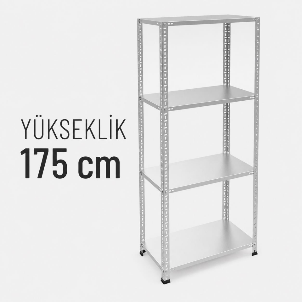 4 Katlı Galvaniz Çelik Raf H:175 cm - Depo, Arşiv, Kiler, Dosya, Market Rafı