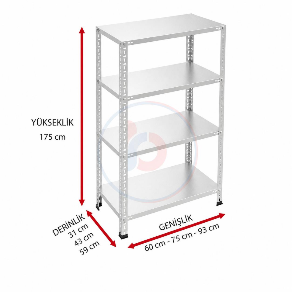 4 Katlı Galvaniz Çelik Raf H:175 cm - Depo, Arşiv, Kiler, Dosya, Market Rafı