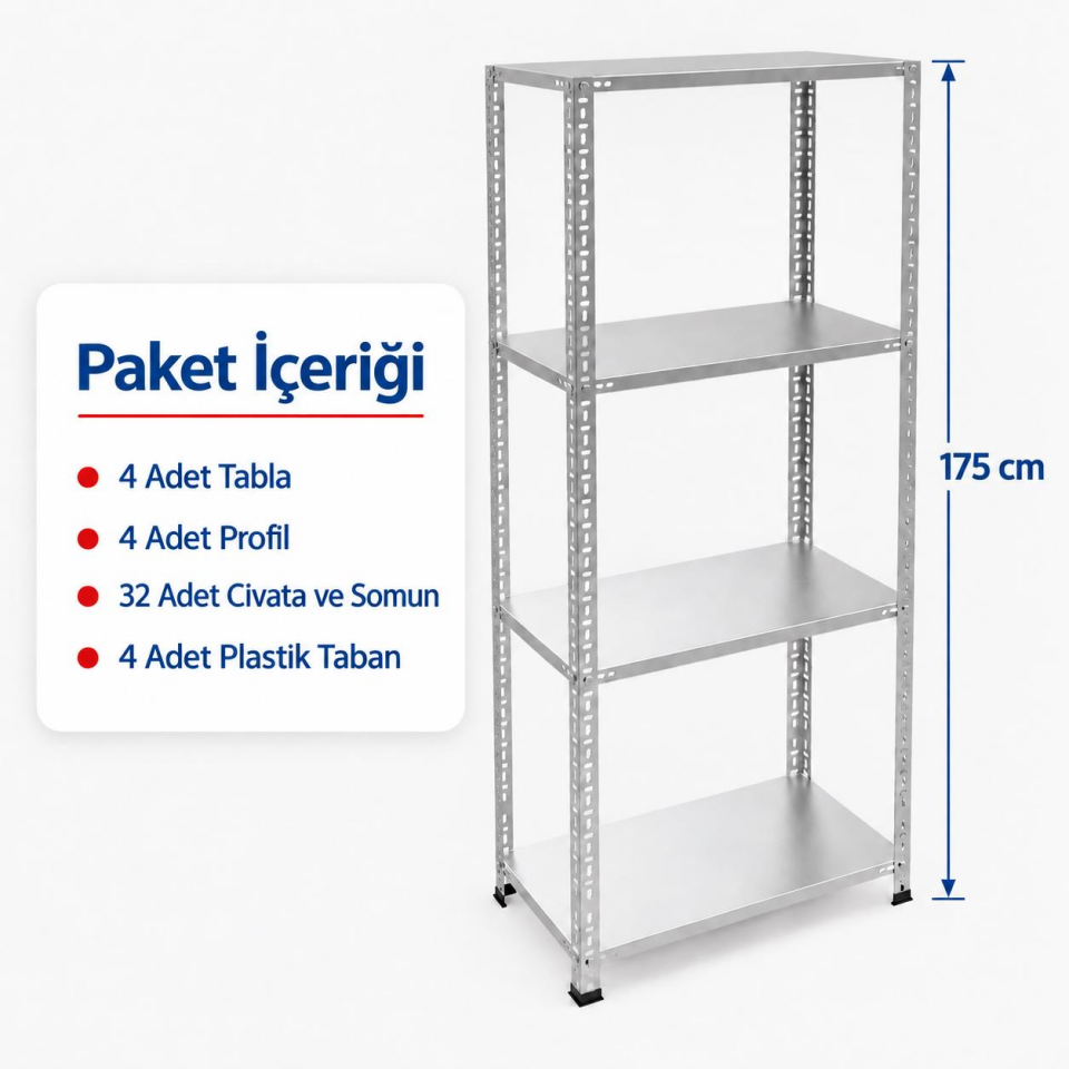 4 Katlı Galvaniz Çelik Raf H:175 cm - Depo, Arşiv, Kiler, Dosya, Market Rafı