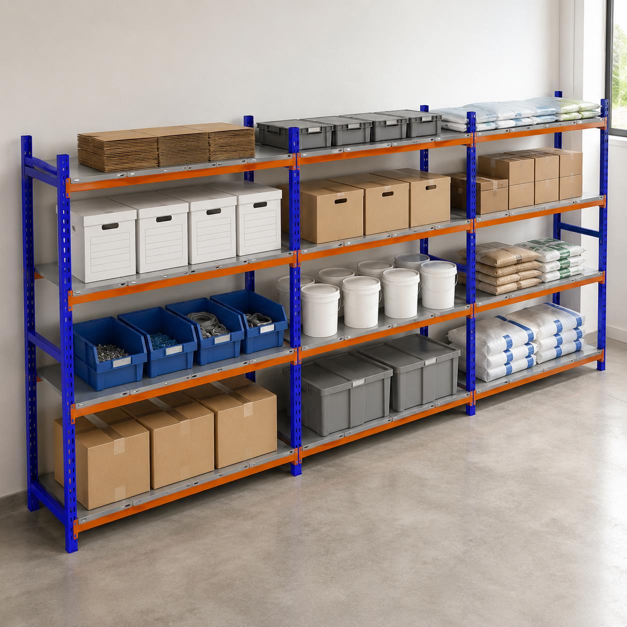 4 Katlı 3'lü Depo Rafı - 300-350 Kg Taşıma Kapasiteli Hafif Rack Raf