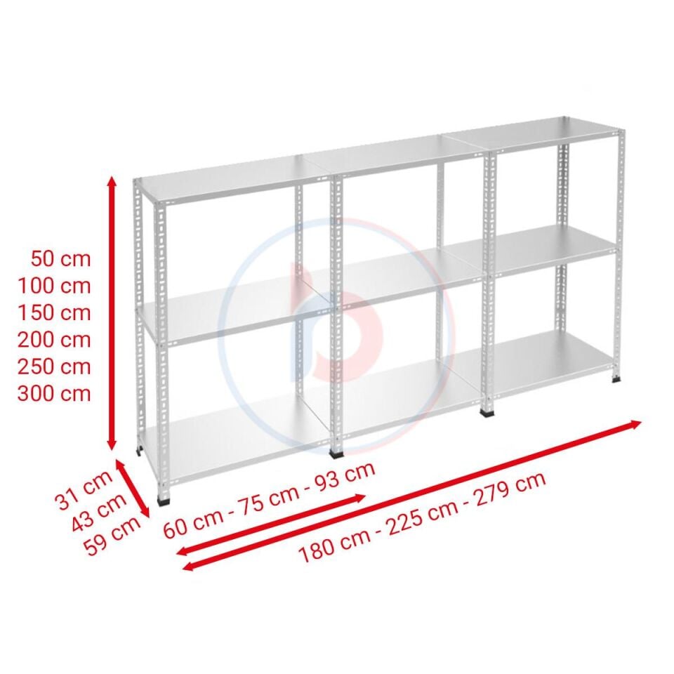 3 Katlı 3'lü Galvaniz Çelik Raf - Depo, Arşiv, Kiler, Dosya, Market Rafı