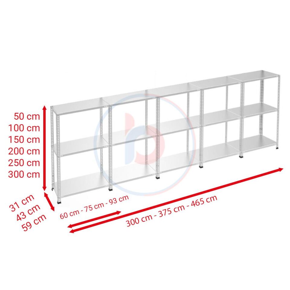 3 Katlı 5'li Galvaniz Çelik Raf - Depo, Arşiv, Kiler, Dosya, Market Rafı