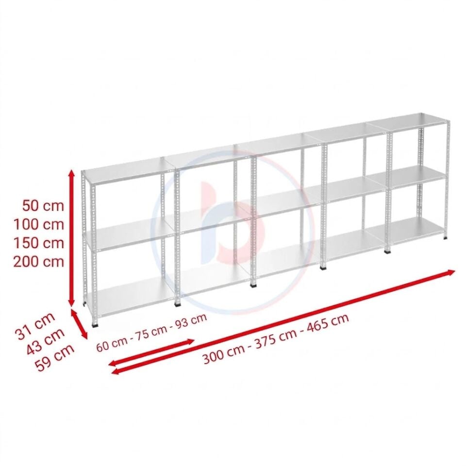 3 Katlı 5'li Galvaniz Çelik Raf - Depo, Arşiv, Kiler, Dosya, Market Rafı