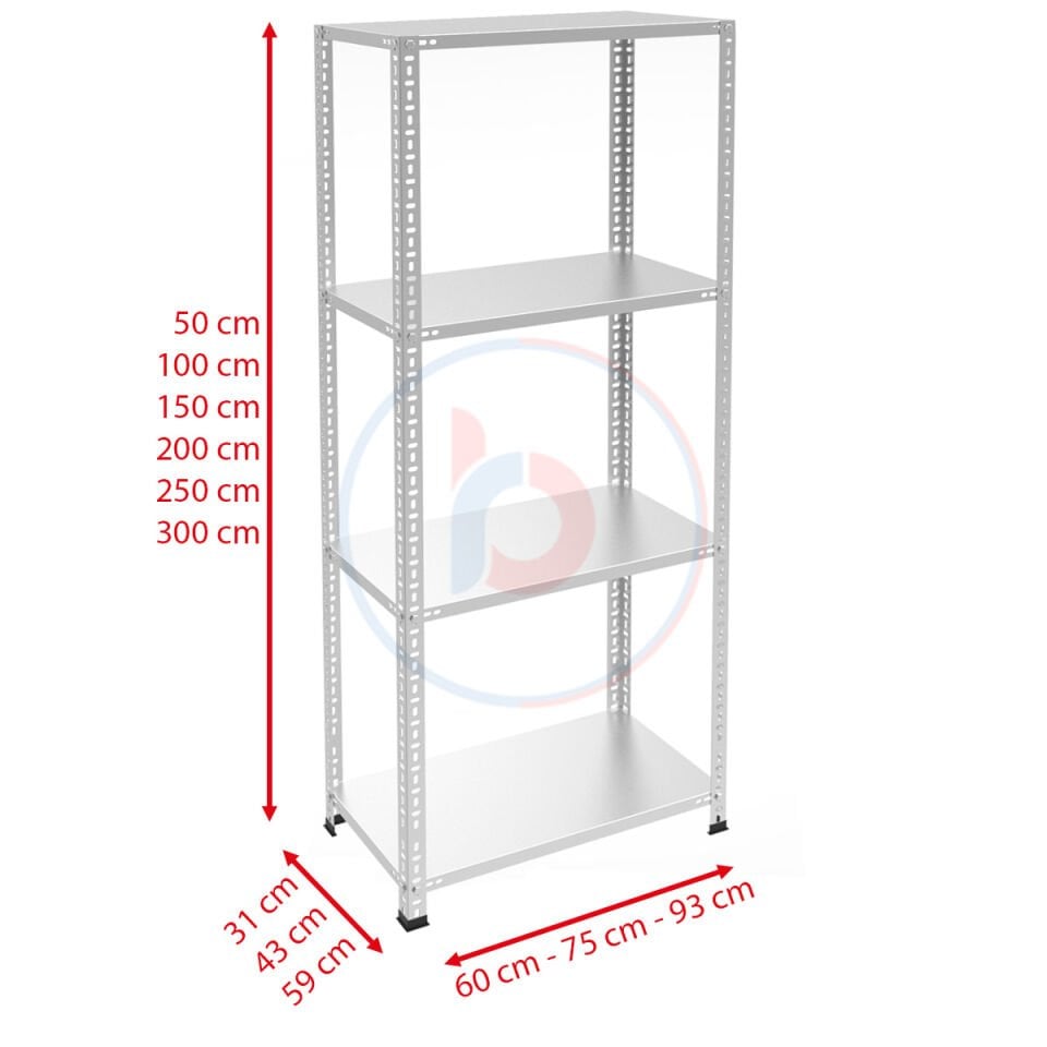 4 Katlı Galvaniz Çelik Raf - Depo, Arşiv, Kiler, Dosya, Market, Bakkal Rafı