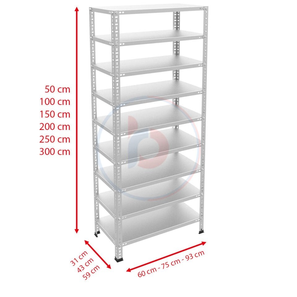 9 Katlı Galvaniz Çelik Raf - Depo, Arşiv, Kiler, Dosya, Market, Bakkal Rafı