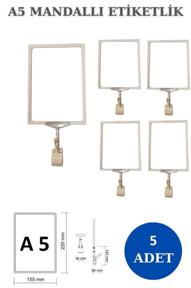 5 Adet Mavi A5 Mandallı Fiyat Etiketi - Sepet, Stand, Teşhir, Askılık, Çerçeveli Fiyat Etiketi