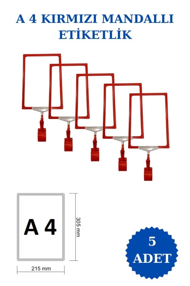 5 Adet kırmızı A4 Mandallı Fiyat Etiketi - Sepet, Stand, Teşhir, Askılık, Çerçeveli Fiyat Etiketi