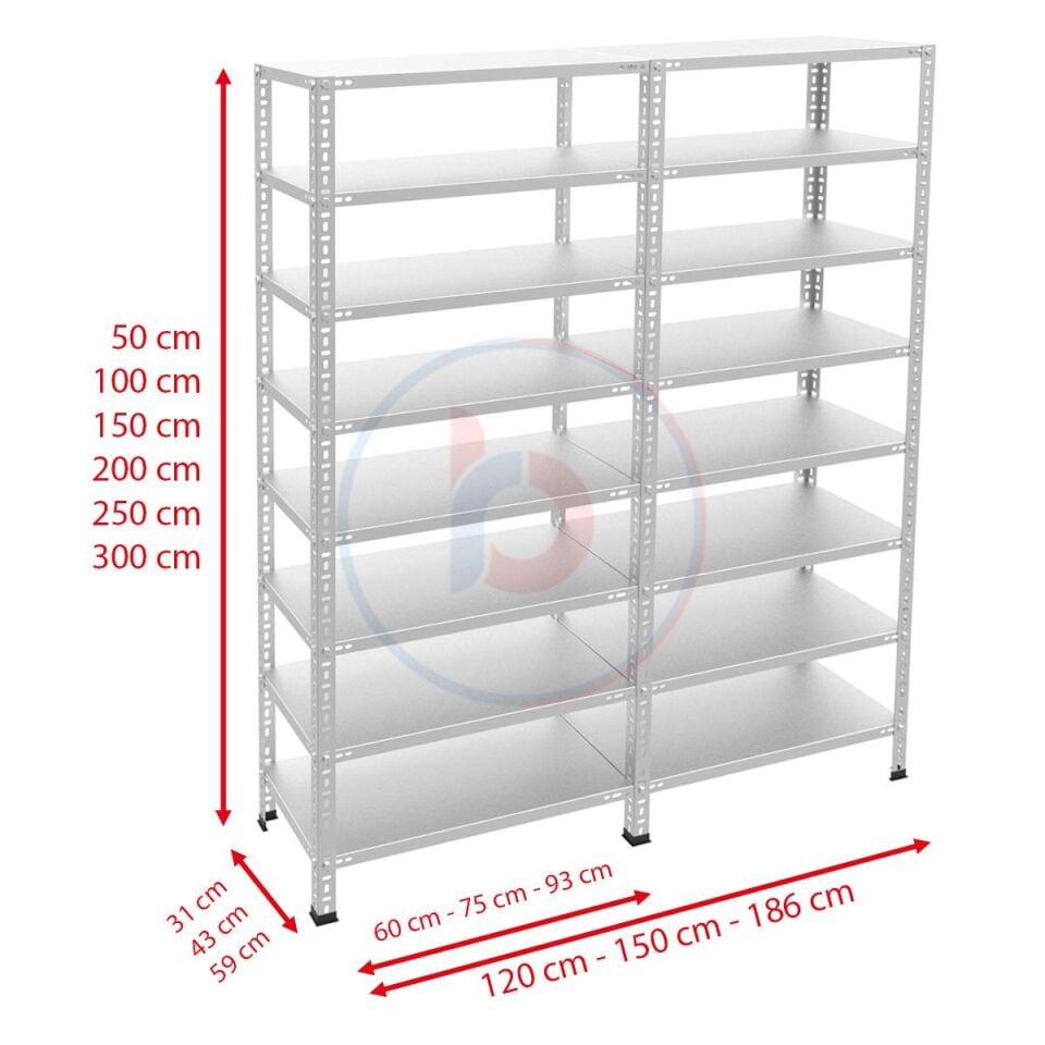 8 Katlı Duble Galvaniz Çelik Raf - Depo, Arşiv, Kiler, Dosya, Market Rafı