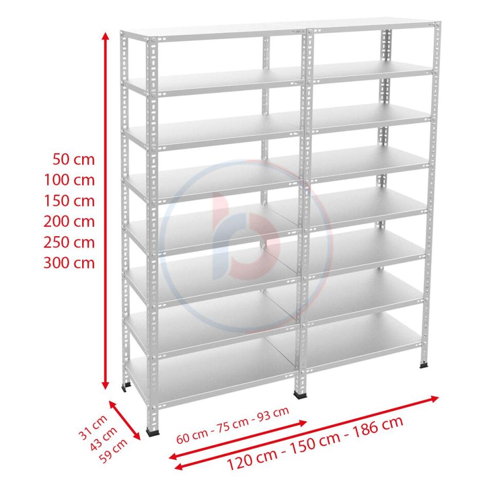 8 Katlı Duble Galvaniz Çelik Raf - Depo, Arşiv, Kiler, Dosya, Market Rafı