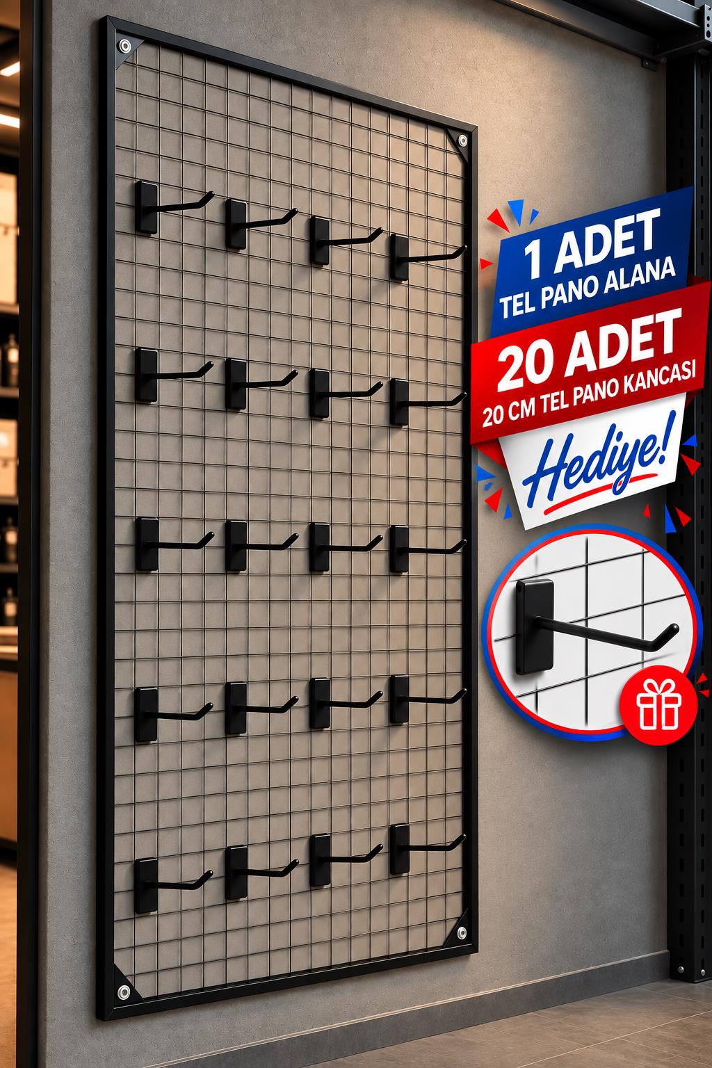 Sık Telli Tel Raf - Tel Pano Stand, Duvar Askılığı-20 Adet 20 cm Tel Pano Kanca Hediyeli