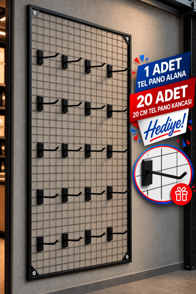 Sık Telli Tel Raf - Tel Pano Stand, Duvar Askılığı-20 Adet 20 cm Tel Pano Kanca Hediyeli