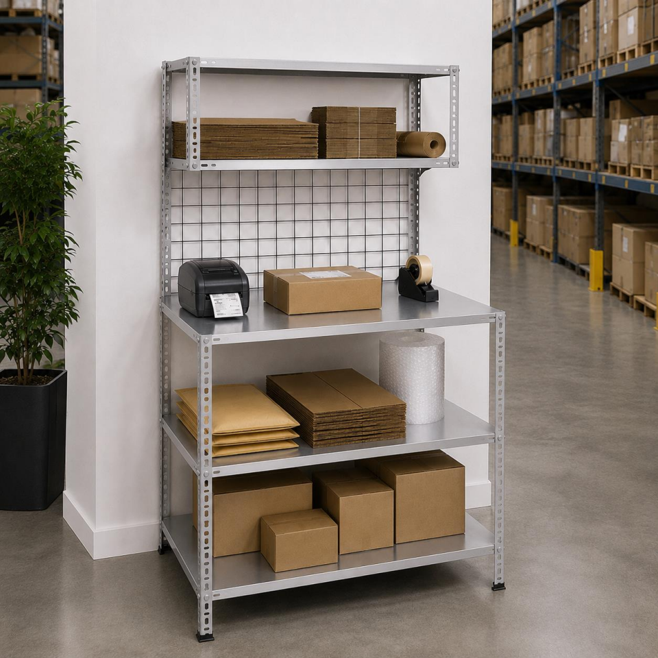 3 Katlı Paketleme Masası 59x93 cm - 2 Raflı Tel Kafesli , Atölye, Depo, Hobi Çalışma Masası