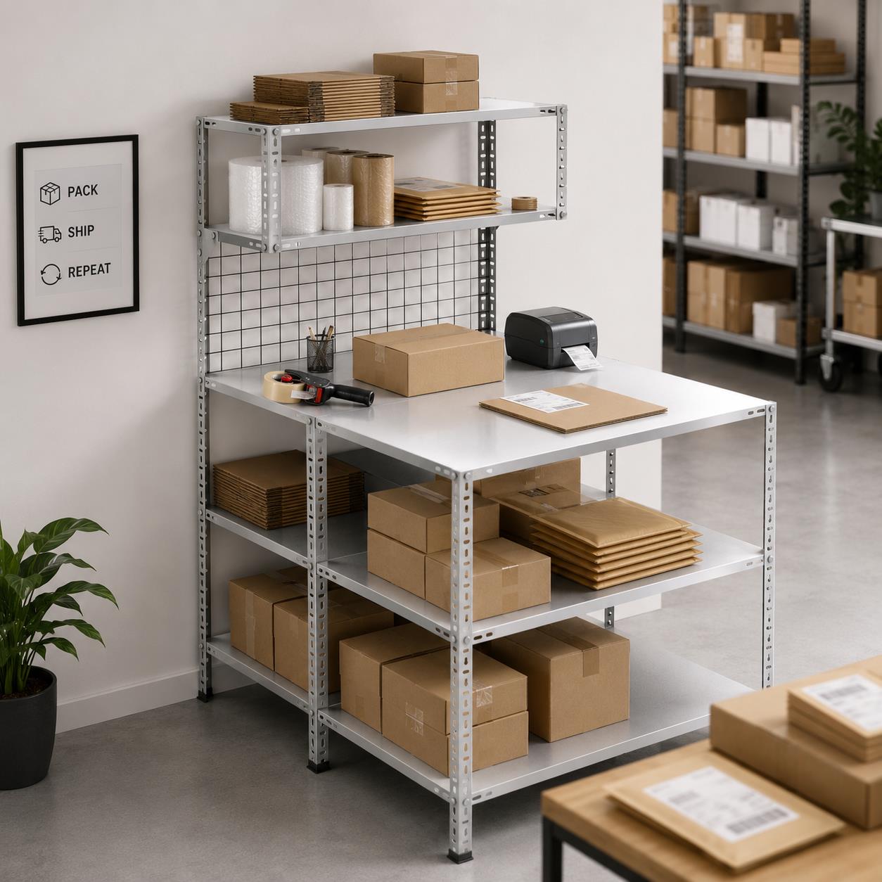 3 Katlı Duble Paketleme Masası 118x93 cm - 2 Raflı Tel Kafesli , Atölye, Depo, Hobi Çalışma Masası