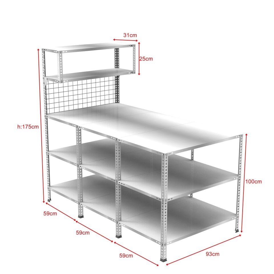 3 Katlı 3'lü Paketleme Masası 177x93 cm - 2 Raflı Tel Kafesli , Atölye, Depo, Hobi Çalışma Masası