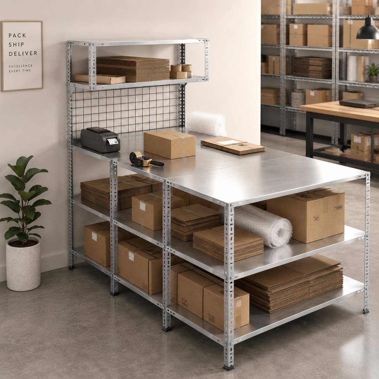 3 Katlı 3'lü Paketleme Masası 177x93 cm - 2 Raflı Tel Kafesli , Atölye, Depo, Hobi Çalışma Masası