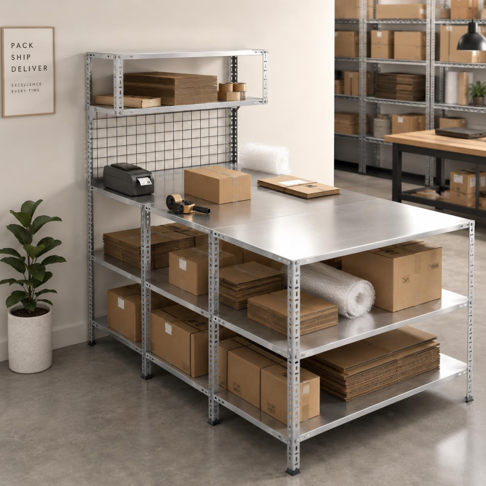 3 Katlı 3'lü Paketleme Masası 177x93 cm - 2 Raflı Tel Kafesli , Atölye, Depo, Hobi Çalışma Masası