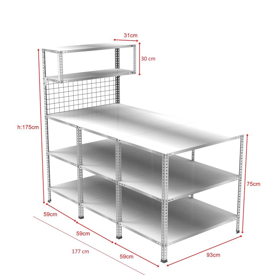 3 Katlı 3'lü Paketleme Masası 177x93 cm - 2 Raflı Tel Kafesli , Atölye, Depo, Hobi Çalışma Masası