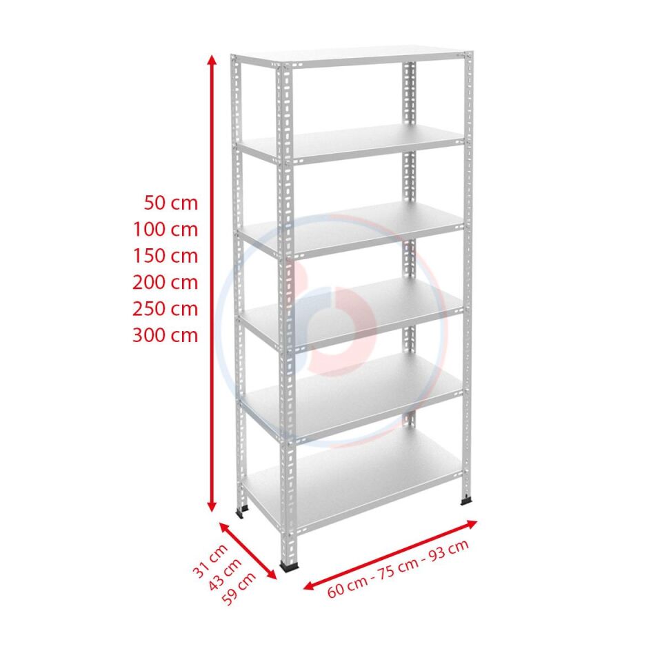 6 Katlı Galvaniz Çelik Raf - Depo, Arşiv, Kiler, Dosya, Market Rafı, Civatalı Raf Sistemi