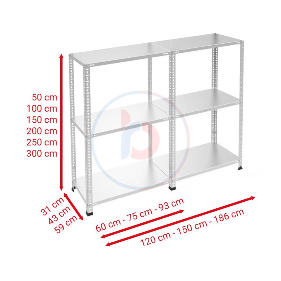3 Katlı Duble Galvaniz Çelik Raf - Depo, Arşiv, Kiler, Dosya, Market Rafı
