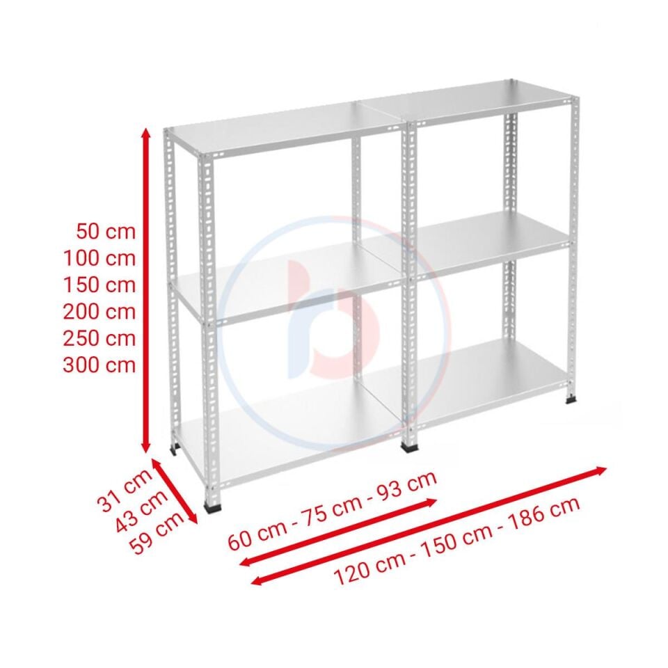 3 Katlı Duble Galvaniz Çelik Raf - Depo, Arşiv, Kiler, Dosya, Market Rafı