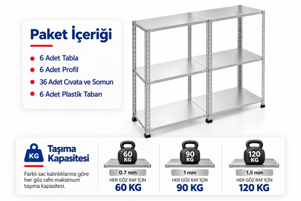 3 Katlı Duble Galvaniz Çelik Raf - Depo, Arşiv, Kiler, Dosya, Market Rafı