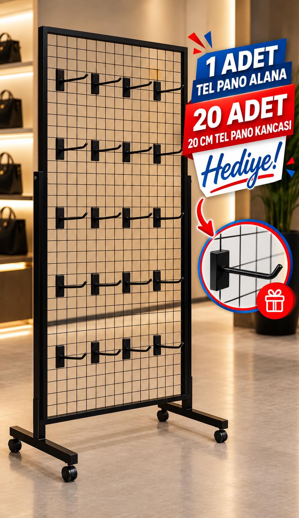 Tekerlekli Sık Telli Tel Raf - Tel Pano Stand, Duvar Askılığı-20 Adet 20 cm Tel Pano Kanca Hediyeli