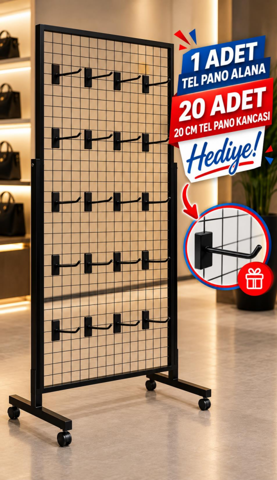 Tekerlekli Sık Telli Tel Raf - Tel Pano Stand, Duvar Askılığı-20 Adet 20 cm Tel Pano Kanca Hediyeli