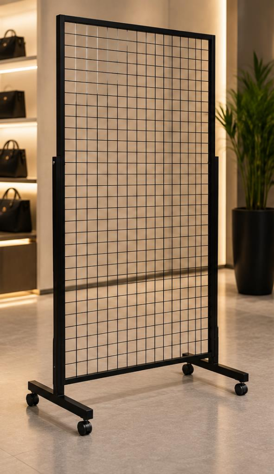 Tekerlekli Sık Telli Tel Raf - Tel Pano Stand, Duvar Askılığı-20 Adet 20 cm Tel Pano Kanca Hediyeli