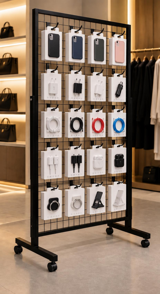 Tekerlekli Sık Telli Tel Raf - Tel Pano Stand, Duvar Askılığı-20 Adet 20 cm Tel Pano Kanca Hediyeli