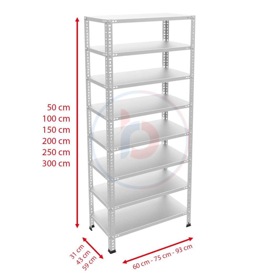 8 Katlı Galvaniz Çelik Raf - Depo, Arşiv, Kiler, Dosya, Market Rafı