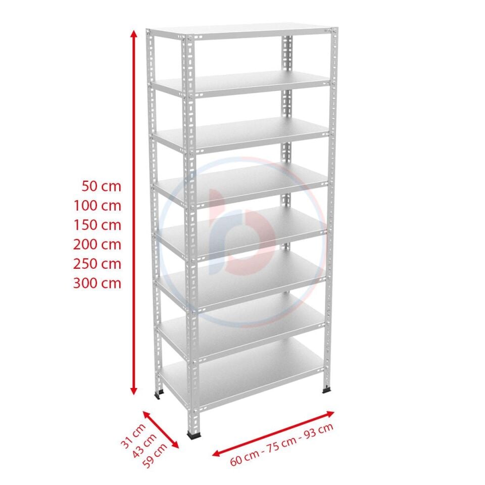 8 Katlı Galvaniz Çelik Raf - Depo, Arşiv, Kiler, Dosya, Market Rafı