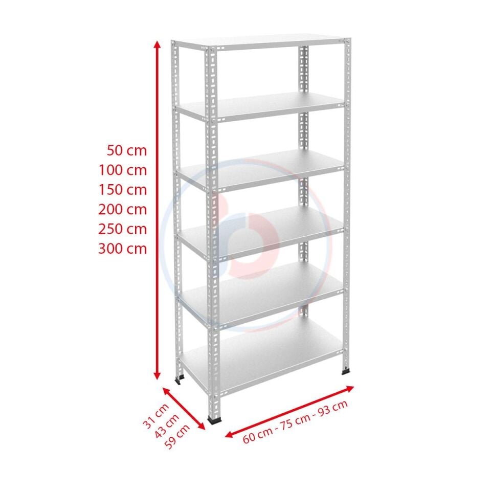 6 Katlı Galvaniz Çelik Raf - Depo, Arşiv, Kiler, Dosya, Market Rafı 59x93 cm - 300 cm - 1.50 mm
