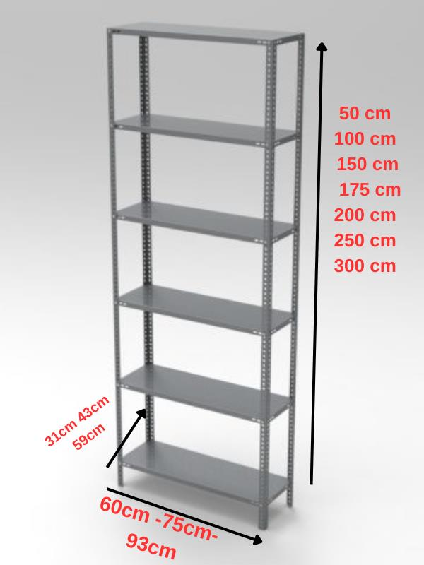 6 Katlı Galvaniz Çelik Raf - Depo, Arşiv, Kiler, Dosya, Market Rafı 59x93 cm - 300 cm - 1.50 mm