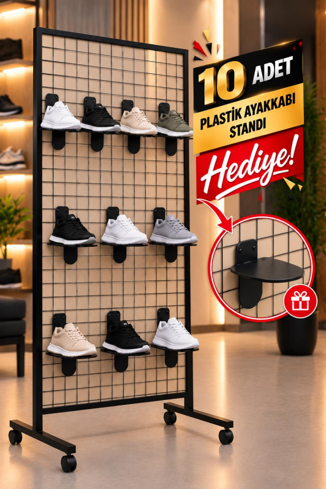 Tekerlekli Sık Telli Tel Raf - Tel Pano Stand, Duvar Askılığı-10 Adet Plastik Ayakkabı Standı Hediyeli