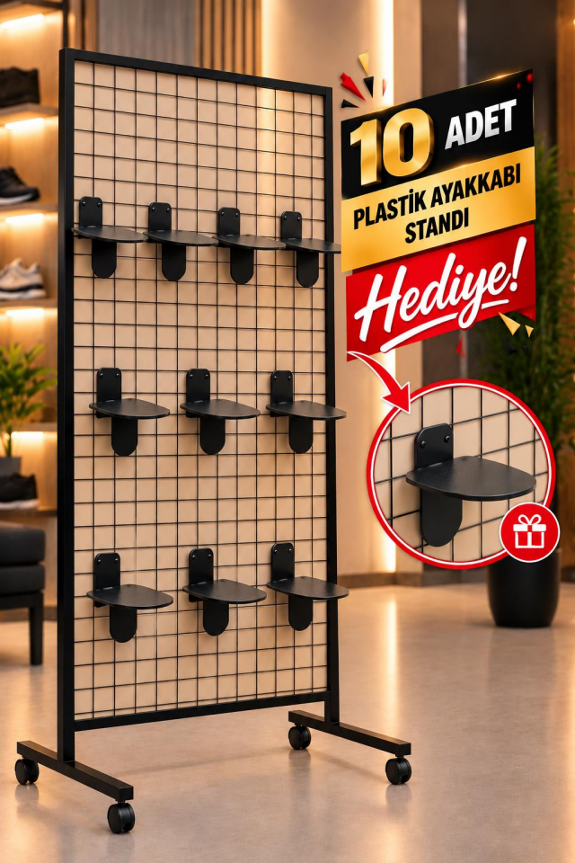 Tekerlekli Sık Telli Tel Raf - Tel Pano Stand, Duvar Askılığı-10 Adet Plastik Ayakkabı Standı Hediyeli