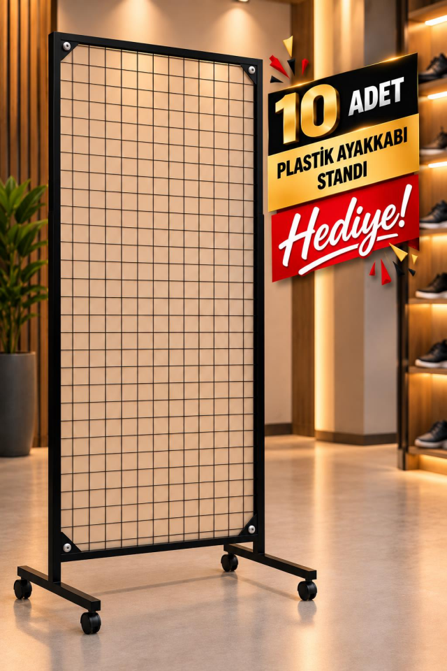 Tekerlekli Sık Telli Tel Raf - Tel Pano Stand, Duvar Askılığı-10 Adet Plastik Ayakkabı Standı Hediyeli