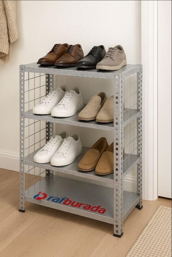 4 Katlı Galvaniz Renk Tel Kafesli Çelik Ayakkabılık Rafı 31x75x75 cm