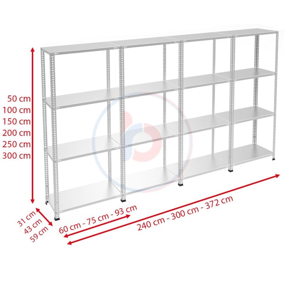 4 Katlı 4'lü Galvaniz Çelik Raf - Depo, Arşiv, Kiler, Dosya, Market Rafı