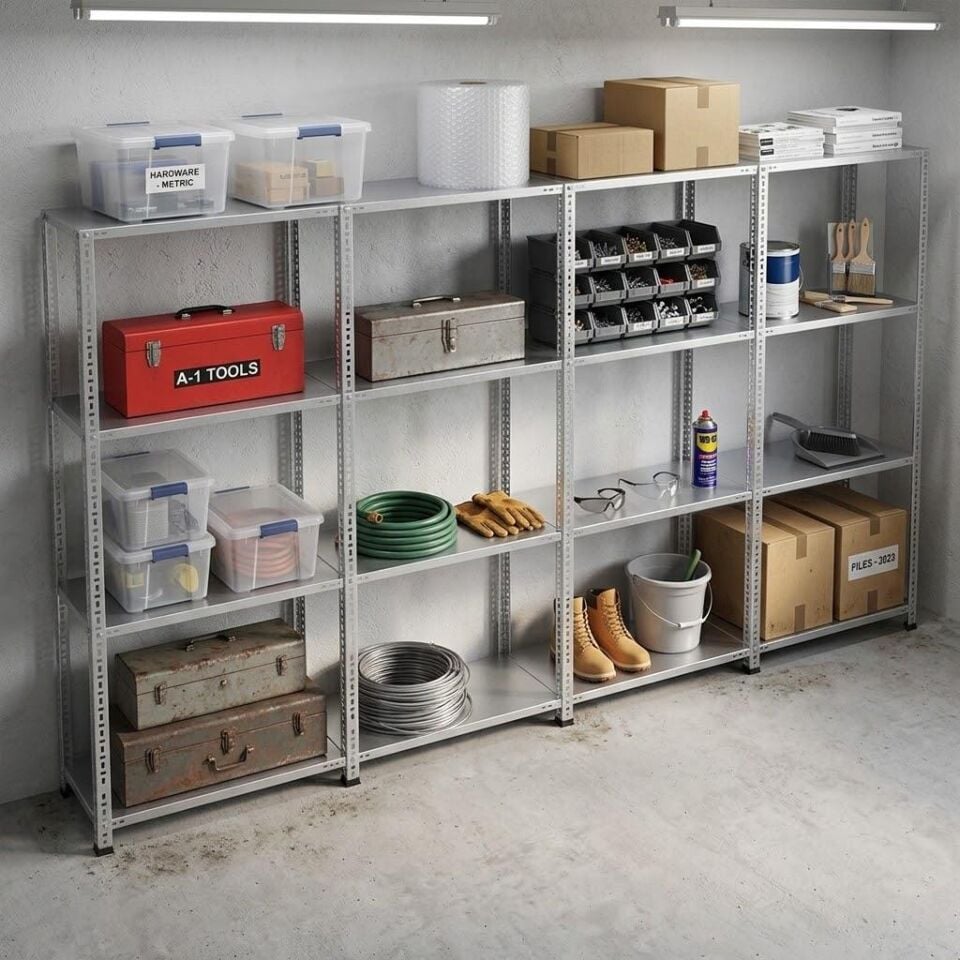 4 Katlı 4'lü Galvaniz Çelik Raf - Depo, Arşiv, Kiler, Dosya, Market Rafı