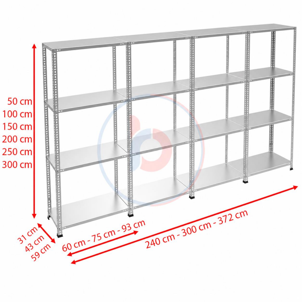 4 Katlı 4'lü Galvaniz Çelik Raf - Depo, Arşiv, Kiler, Dosya, Market Rafı
