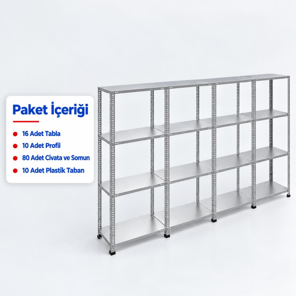4 Katlı 4'lü Galvaniz Çelik Raf - Depo, Arşiv, Kiler, Dosya, Market Rafı