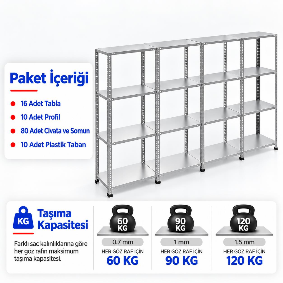 4 Katlı 4'lü Galvaniz Çelik Raf - Depo, Arşiv, Kiler, Dosya, Market Rafı