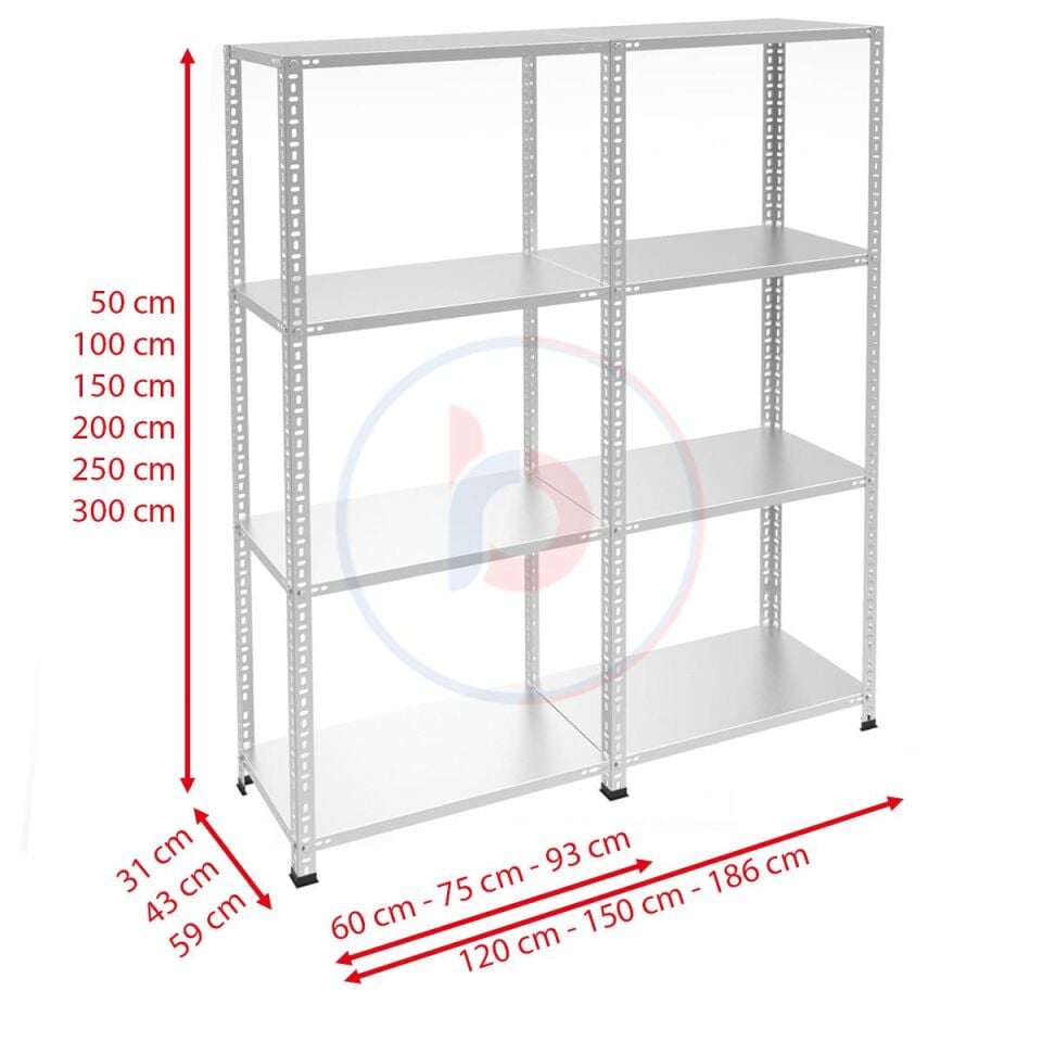 4 Katlı Duble Galvaniz Çelik Raf - Depo, Arşiv, Kiler, Dosya, Market Rafı