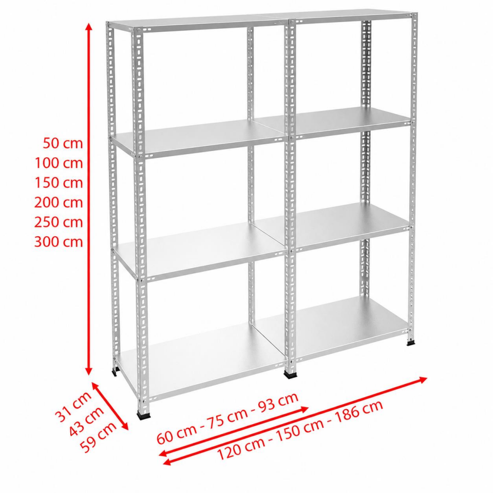 4 Katlı Duble Galvaniz Çelik Raf - Depo, Arşiv, Kiler, Dosya, Market Rafı